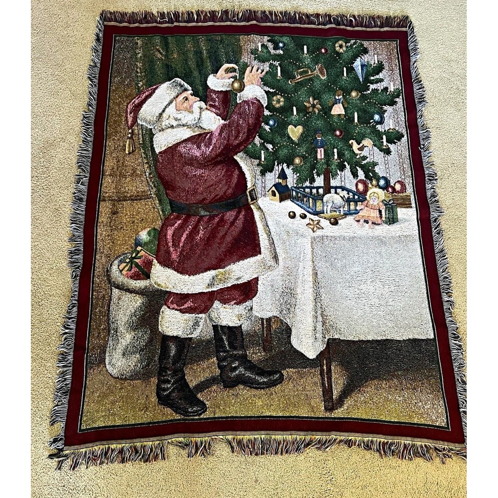 Vintage Santa Christmas Tapestry Throw Blanket 57x45 Victorian Holiday Fringe